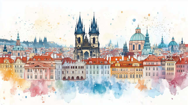 Charming Watercolor of a Czech Cityscape with Quaint Houses