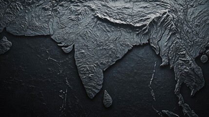 A dramatic, textured rendering of the Indian subcontinent, showcasing its mountainous terrain and coastal features in shades of dark gray. The image evokes a sense of power and mystery.