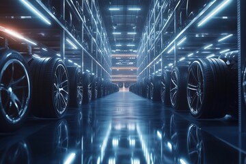 Fototapeta premium Car tires on rack in auto store 