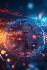 Obraz premium A cyber globe icon glowing with economic data streams, symbolizing global finance platforms, online trading, and international business analytics. 