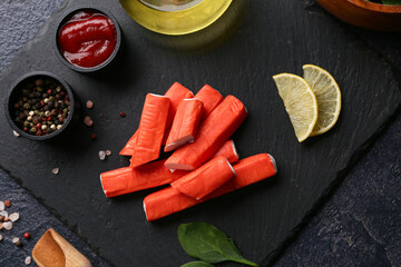 Black board with tasty crab sticks and different spices on dark background © Pixel-Shot