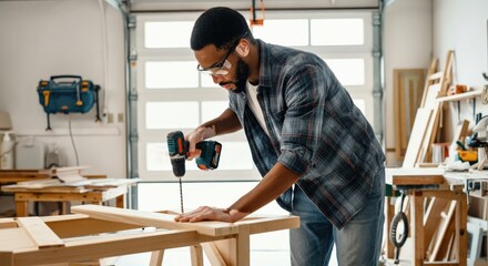 Skilled african american male carpenter drilling wood in workshop for home improvement concept
