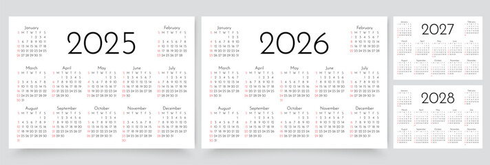 Calendars for 2025, 2026, 2027, 2028 years. Calender templates. Planner layout with 12 months. Desk planer grid. Week starts Sunday. Yearly diary in English. Vector illustration. Horizontal format, A4