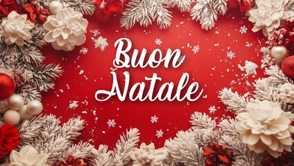Elegant Christmas Background with Buon Natale Wish in Italian, Featuring Festive Holiday Decor and Cheerful Seasonal Spirit