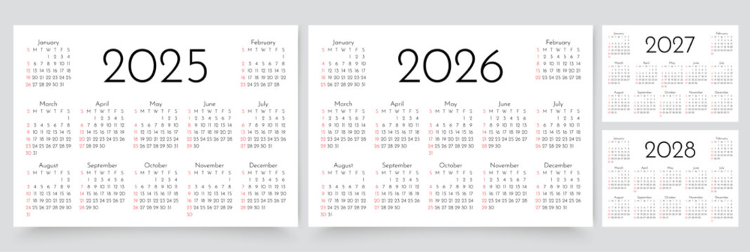 Calendars for 2025, 2026, 2027, 2028 years. Calender templates. Planner layout with 12 months. Desk planer grid. Week starts Sunday. Yearly diary in English. Vector illustration. Horizontal format, A4