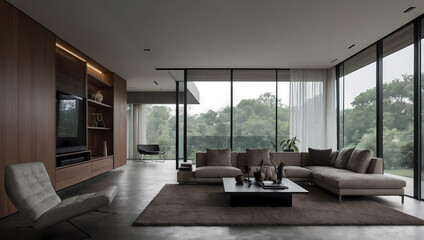 Modern living room featuring a sectional sofa, coffee table, and large windows with a view of greenery outside.