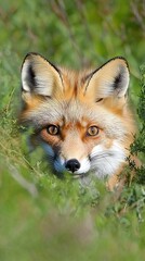 Obraz premium A close-up of a fox peering through green foliage.