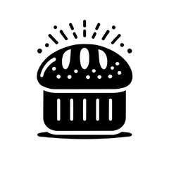 Freshly Baked Icon: A simple, black and white icon of a loaf of bread with a burst of light above. Perfect for representing baking, food, and warmth. 