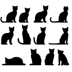 Cat Silhouettes Collection: A set of twelve unique cat silhouettes, perfect for various design projects.  These sleek, black silhouettes offer versatile design elements for your creative needs.