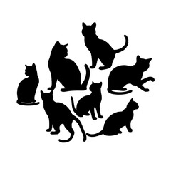Silhouette Cat Family: Seven elegant black cat silhouettes arranged in a circular pattern, creating a captivating and mysterious image. Perfect for designs needing a touch of feline mystique. 