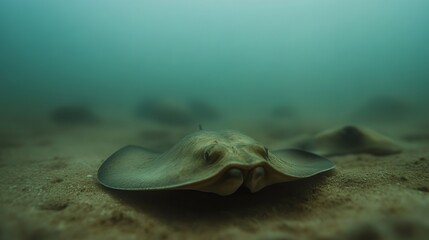 A serene underwater view of a stingray gliding gracefully over the sandy ocean floor.