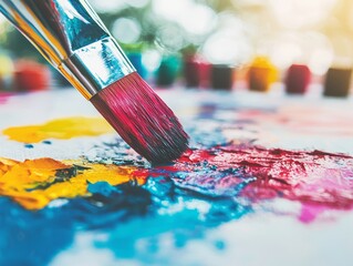 Obraz premium A close-up of a paintbrush mixing vibrant colors on a palette.