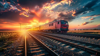 Obraz premium Train on the railroad at sunset. Railway station at sunset. Railway station at sunset