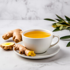 Cup of Ginger Tea with Turmeric and Fresh Ginger Slices