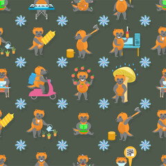 Seamless Pattern Abstract Elements Different Animal Wolverines Wildlife Vector Design Style Background Illustration Texture For Prints Textiles, Clothing, Gift Wrap, Wallpaper, Pastel