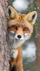 Fototapeta premium A close-up of a red fox peeking from behind a tree.