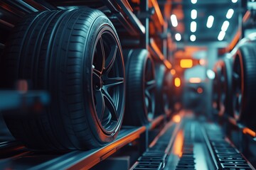 Obraz premium Particle close up view. New tires are placed on the storage rack in the car workshop 