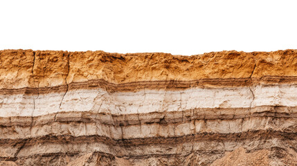 Earth cliff showing horizontal layers of soil and rock, with a rugged, cracked texture in shades of orange, white, and brown from natural erosion. Isolated on transparent background, png.