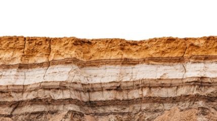 Earth cliff showing horizontal layers of soil and rock, with a rugged, cracked texture in shades of orange, white, and brown from natural erosion. Isolated on transparent background, png.
