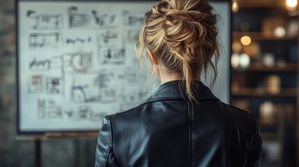 A businesswoman conducts a SWOT analysis, demonstrating strategic planning and thoughtful evaluation.