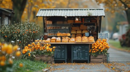 Fresh variety of artisanal bread and pastries displayed at charming outdoor market stall, perfect for bakery promotion, autumn harvest theme with warm natural colors and cozy atmosphere