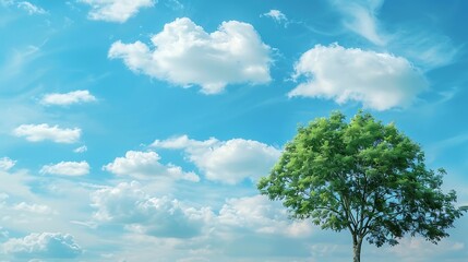 Obraz premium Lonely tree on green meadow under blue sky with white clouds