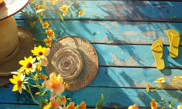 Enjoy a sunny day with yellow flip-flops and a straw hat resting on a bright blue wooden surface. Perfect for summer vibes and relaxation.