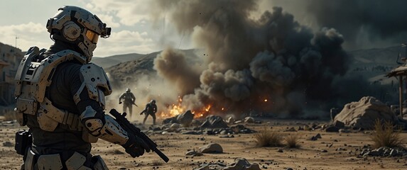 Naklejka premium Soldiers Amidst the Inferno: A gritty, cinematic depiction of soldiers in futuristic armor amidst a warzone, with explosions and smoke billowing in the background. The scene evokes tension, conflict.