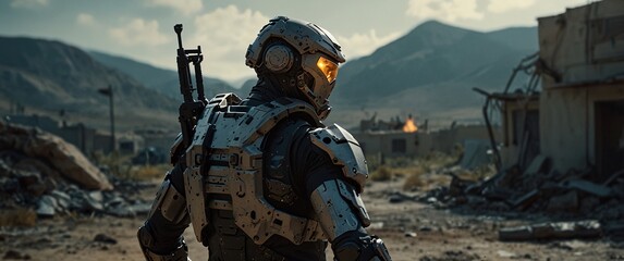 Fototapeta premium Last Stand in a Post-Apocalyptic Landscape: A lone soldier, clad in advanced armor, stands resolute amidst a desolate wasteland, a testament to resilience and the fight for survival.