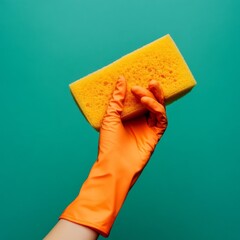 Glove-clad hand with sponge on green background.