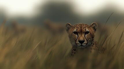 A close-up of a cheetah in tall grass, its intense gaze reflecting calm determination in a misty setting.