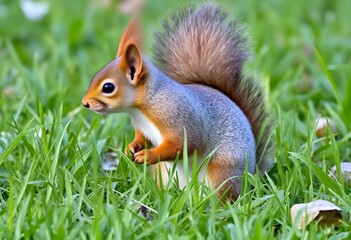 A close up of a Red Squirrel in the grass