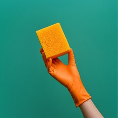 Glove and sponge on green for cleanliness.