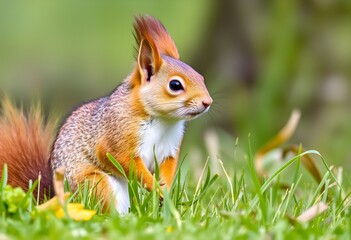Naklejka premium A close up of a Red Squirrel in the grass