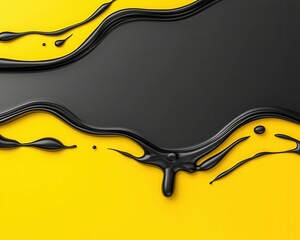 Abstract black paint flowing on a vibrant yellow background, creating a striking visual contrast.
