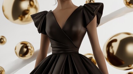 Futuristic Fashion: Elegant Black Dress with Dramatic Puff Sleeves and Golden Spheres