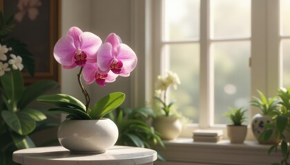 Pink orchid flower arrangement with a serene mood on a sunny window background. Copy space.