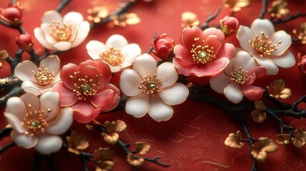 Fototapeta premium Close-up of ornate, gold-accented blossoms on a red background.