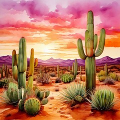 Watercolor cactus desert scene with golden sands and pink sunset skies