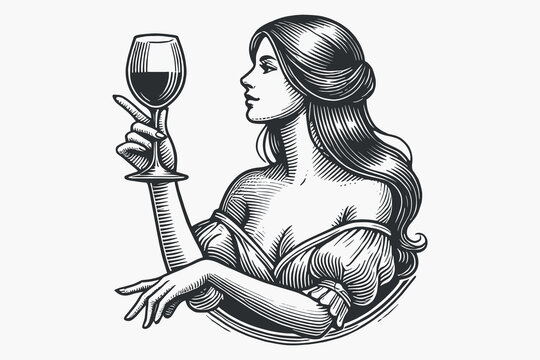 A young woman holds a glass of wine in an elegant hand. Vintage black and white engraving illustration, emblem, logo, isolated object