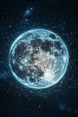 Obraz premium A cyber moon icon glowing with lunar data, symbolizing online astronomy platforms, digital space exploration, and real-time moon tracking. 