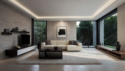 Fototapeta premium Modern living room featuring a cream sofa, black coffee table, and large windows with views of greenery.