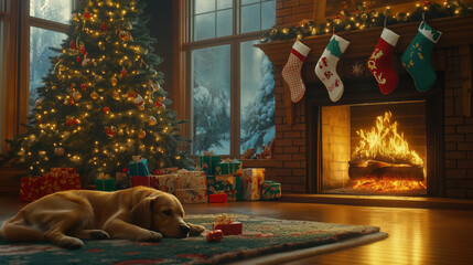 Cozy Family Living Room with Christmas Tree, Stockings, Presents, and Golden Retriever by the Fire