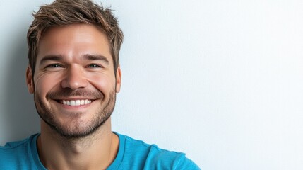 Fototapeta premium Smiling Young Man in Casual Blue Shirt Against White Background