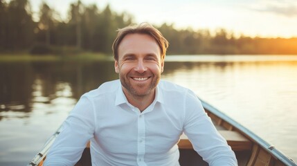 Fototapeta premium Smiling Man Relaxing in a Boat on a Serene Lake During Sunset