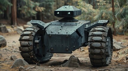 A rugged robot with tank-like wheels navigating a forested environment.