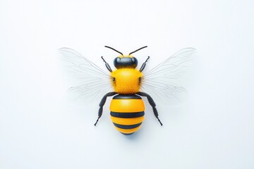 A close-up view of a vibrant yellow and black bee, showcasing its detailed body and delicate wings against a clean background.