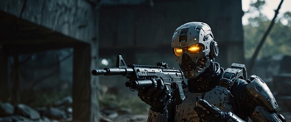 Cybernetic Soldier in Urban Ruins: A futuristic soldier, clad in advanced armor and wielding a powerful assault rifle, stands amidst the ruins of a ravaged city.