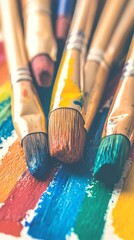 Obraz premium A collection of paintbrushes resting on colorful paint strokes.