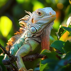 Fototapeta premium Iguana climbing on branch in tropical rainforest wildlife photography vibrant green environment close-up viewpoint